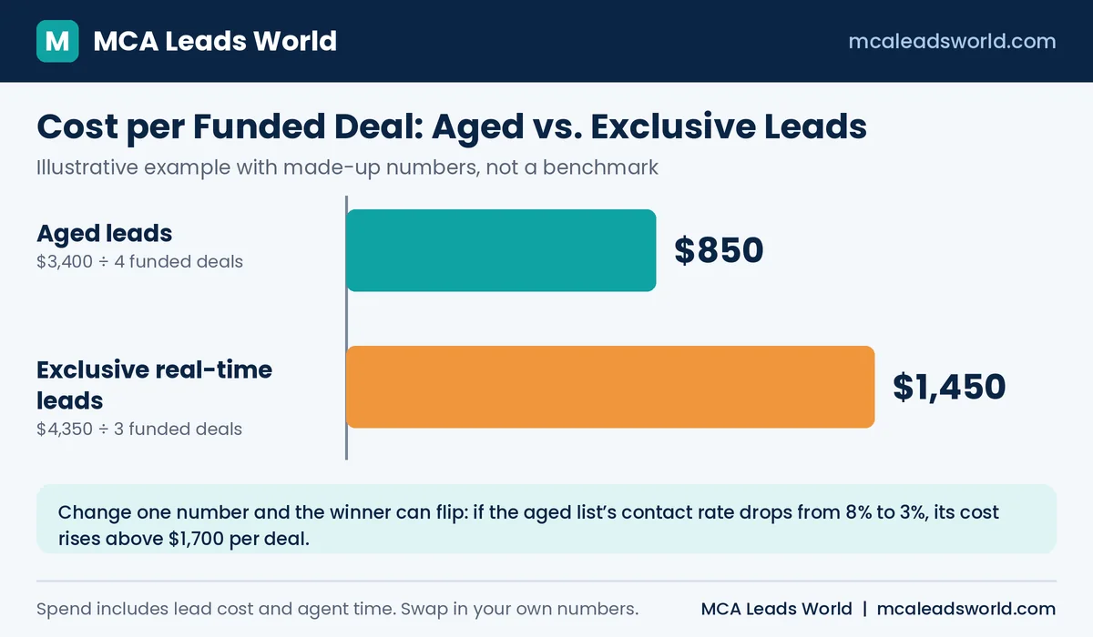 Example cost per funded deal: aged leads $850 vs exclusive real-time leads $1,450